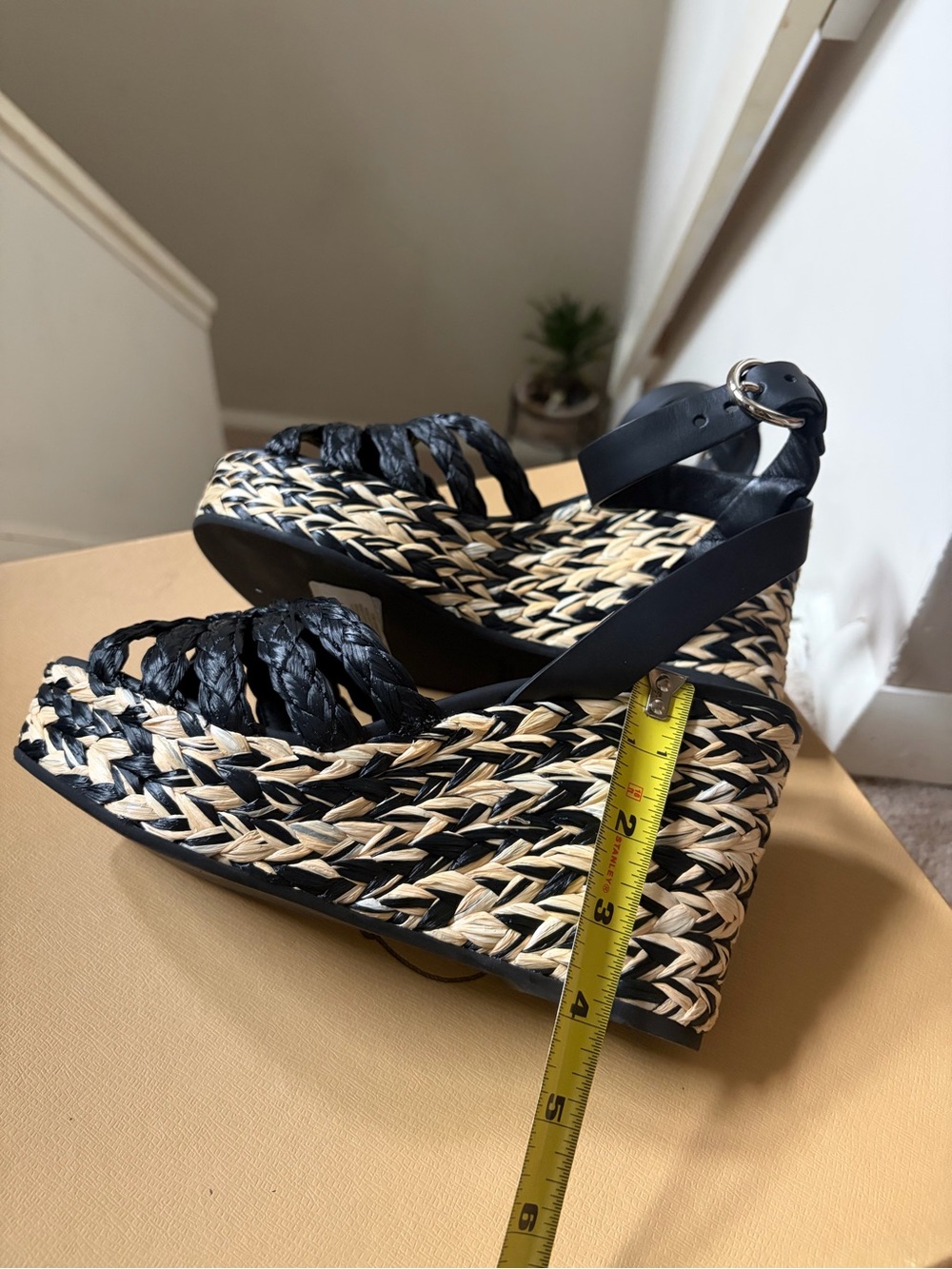 Prada Black Braided Leather & Woven Raffia Platform Wedge Sandals - Picture 12 of 12